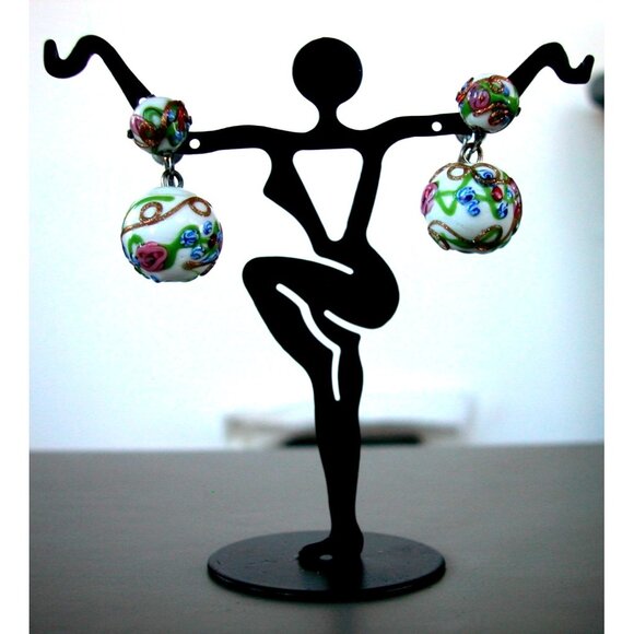 Hand-Painted Porcelain Bead Jewelry Set: Necklace 16" Bracelet Size 6 & Screwbac - Picture 5 of 5